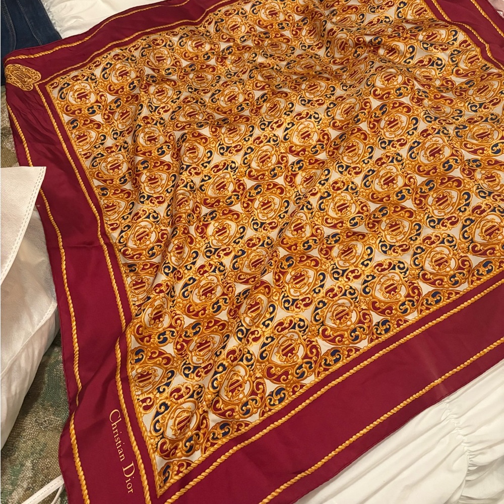 Dior Burgundy and Yellow Silk Scarf